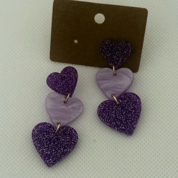 Purple Acrylic Heart Drop Earrings โ Glitter & Marble Mix โ NWT - Picture 2 of 6